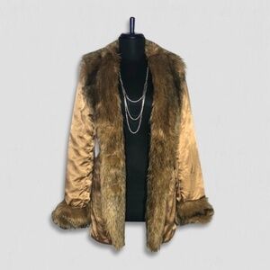 Vintage Y2K Joinus Faux Fur Long Coat Collar & Cuffs Quilted Satin Gold/Brown M
